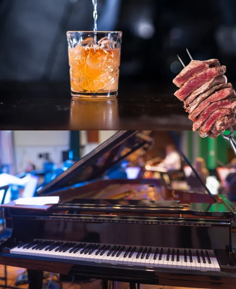 A glass of whiskey being poured, skewered grilled steak, and a grand piano in a dueling piano bar with musicians in the background.