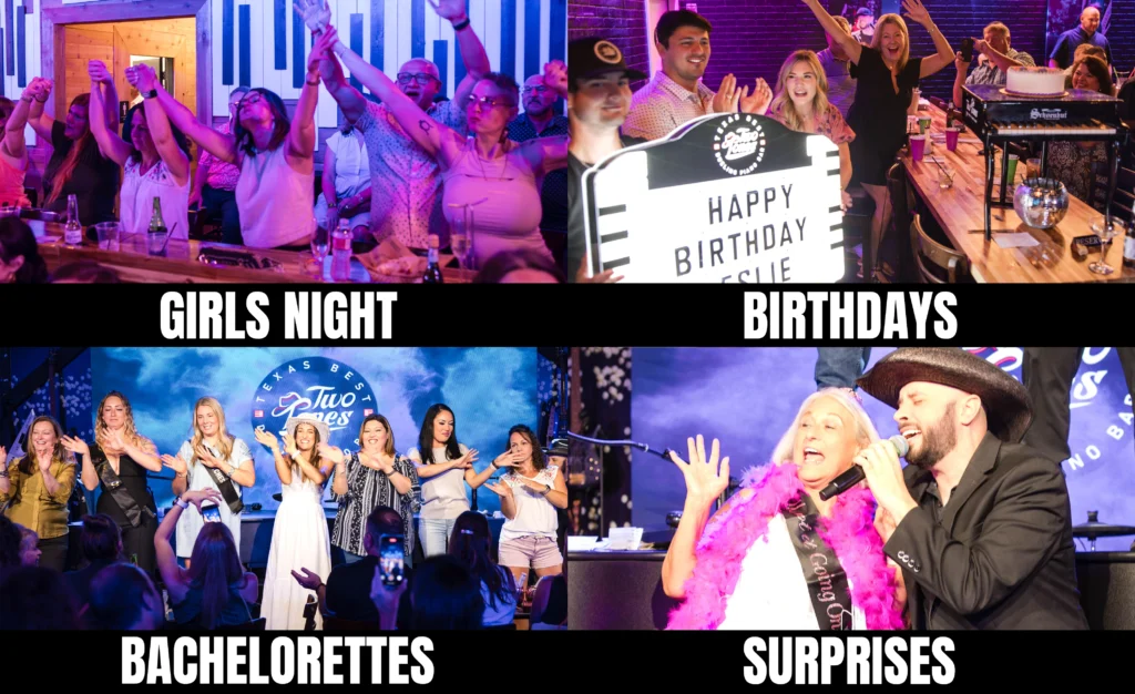 Collage of four events: women at a dueling piano bar, group at a table with a birthday sign, lively bachelorette parties, and a woman onstage with a singer.