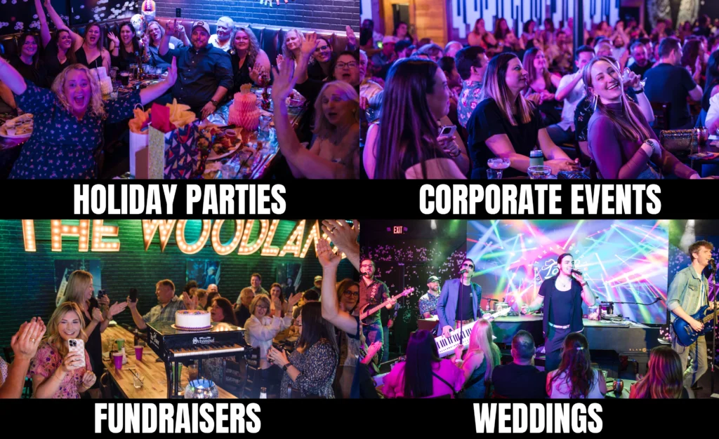 Collage of lively crowds enjoying dueling pianos at holiday parties, fundraisers, and weddings, with people enjoying music, festivities, and the vibrant atmosphere of memorable events.