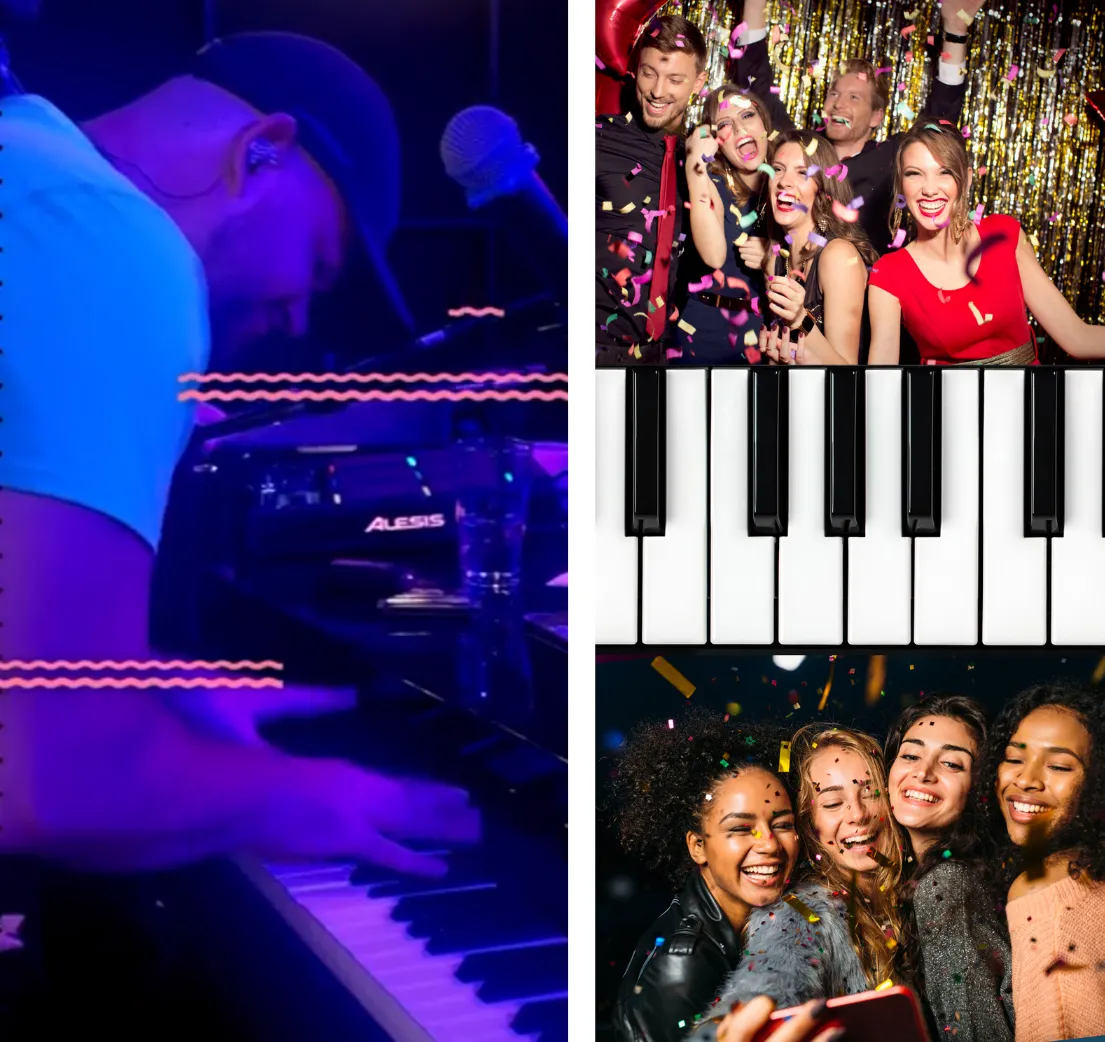 A man plays piano on stage at the best dueling piano bar in The Woodlands, Texas; adjacent images show groups celebrating, a piano keyboard, and young women posing for a selfie at a party.